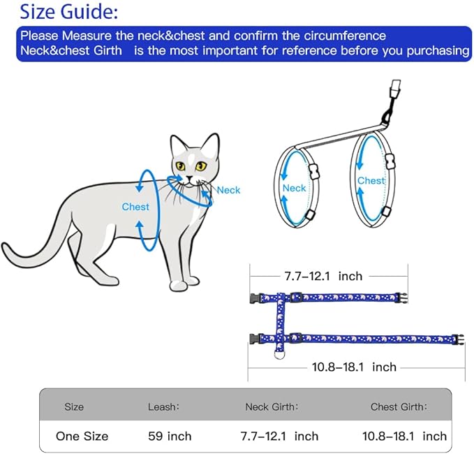 Cat Harness and Leash Set Gold Moons Soft Nylon Escape Proof Adjustable for Kittens Small Animals Glow in The Dark(Blue)