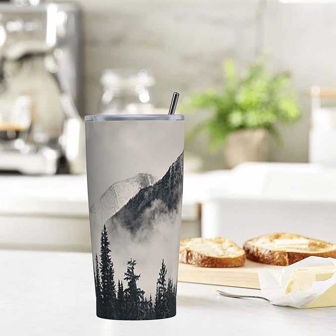 Dujiea 20oz Tumbler With Lid And Straw, Foggy Mountains And Trees Vacuum Insulated Iced Coffee Mug Reusable Travel Cup Stainless Steel Water Bottle