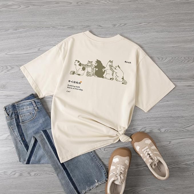 Womens Vintage Graphic Tee Shirt Cat Print Short Sleeve Loose Tunic Tops Gothic Oversized Punk Baggy Shirts