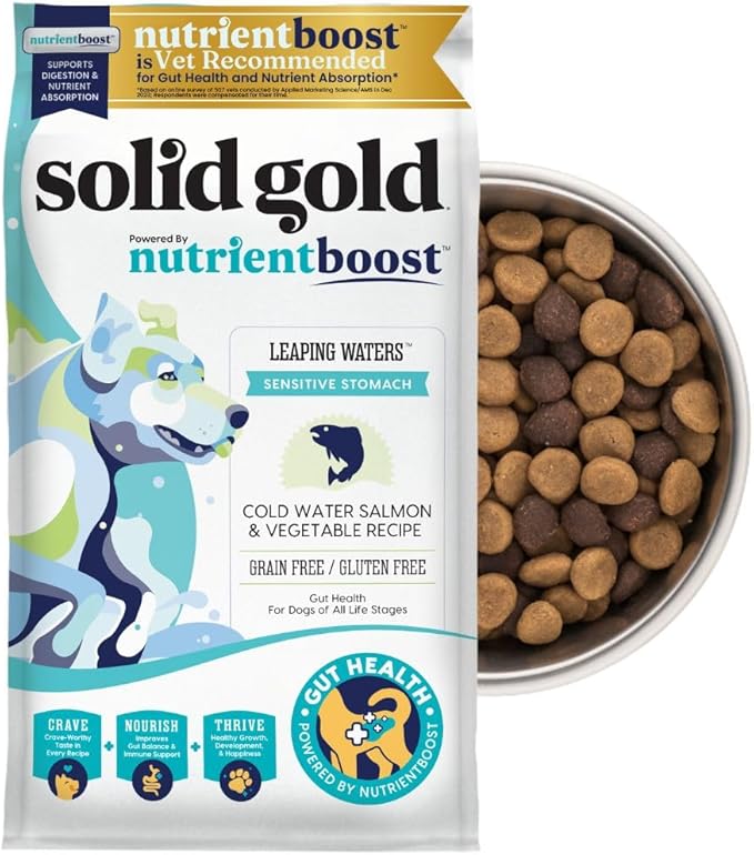 Solid Gold Salmon Dog Food for Sensitive Stomachs – Grain Free & Gluten Free Kibble w/Probiotics to Support Gut Health & Digestion - Sensitive Stomach Dog Food for All Ages – Nutrientboost™ – 3.75 LB