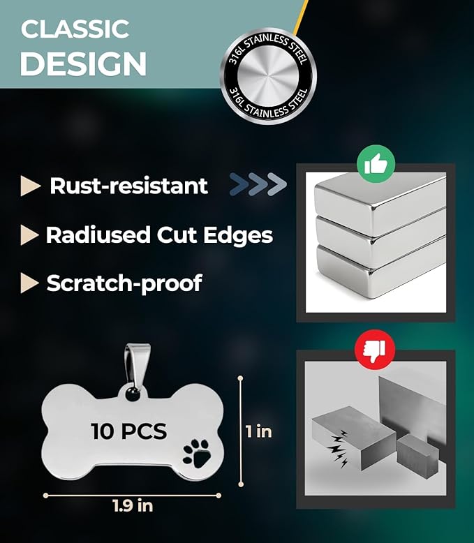 Blank Dog Tags 10PCS Smooth Edges Stainless Steel Blank Bone Shape Dog Tags Sublimation-Ready Pet Tag Pet ID Tag for Dogs Sublimation Dog Tag Blanks Laser Engraving Metal 1.9 x 1in