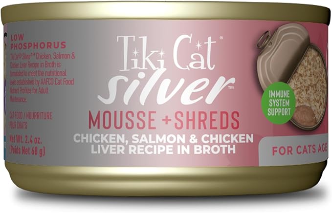 Tiki Cat Silver Comfort Mousse + Shreds, Chicken, Salmon & Chicken Liver Recipe, Immune System Support Formulated for Older Cats Aged 11+, Senior Wet Cat Food, 2.4 oz Cans (Pack of 12)