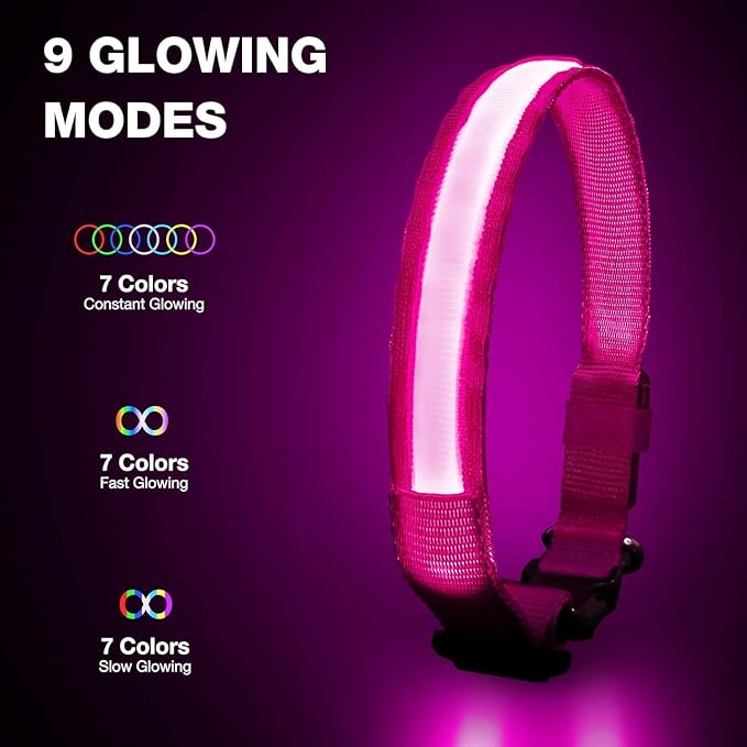 Pceotllar Light Up Collar - Rechargeable Led Dog Collar with Automatic 7-Color Changes, Water Resistant, Night Walking with High Visibility, Bright Glow (Pink, M)