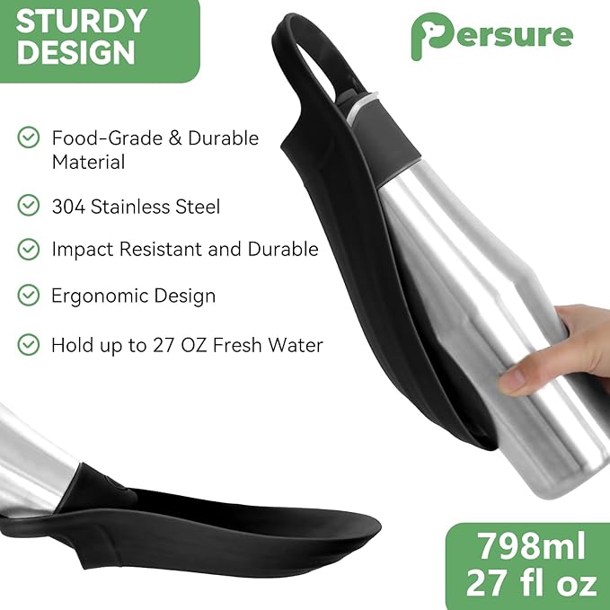 27 OZ Dog Water Bottle Portable Stainless Steel Convenient Pet Water Dispenser, Leak Proof Puppy Travel Water Bowl for Dog Outdoor Walking, Hiking, Perfect Size for All Dog Breeds, Black