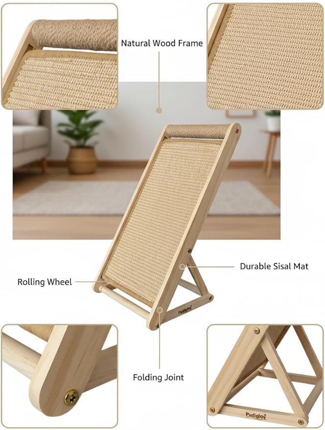 Cat Scratcher with Ramp, 22-inch Natural Sisal & Solid Wood, Tool-Free 2-Step Assembly, Stable Triangle Base for Indoor Cats (Beige)