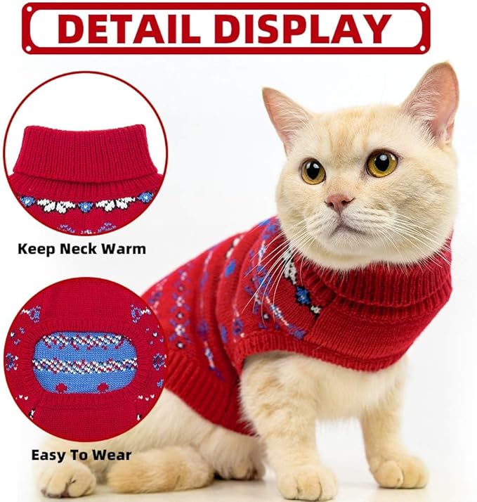 BINGPET Cat Clothes Turtleneck Knitted Sleeveless Cat Sweater - Christmas Outfit for Sphynx & Kitten Puppies(Red,Medium)