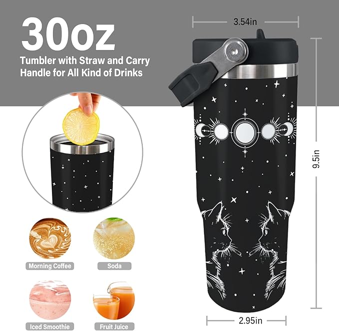 Cat Tumbler With Lid and Straw - 30oz Stainless Steel Cute Water Bottle Cup - Funny Gifts for Women