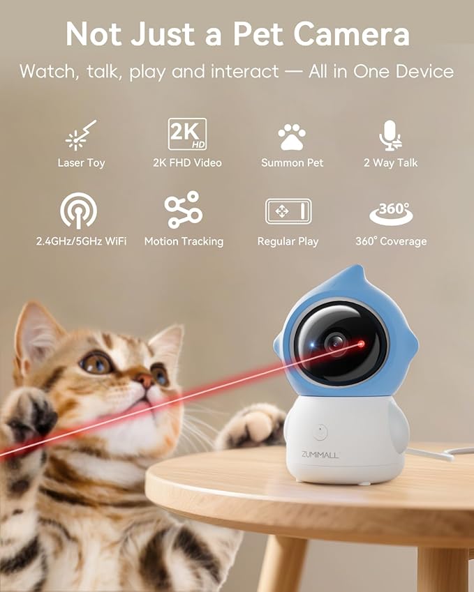 ZUMIMALL Pet Camera Indoor, 5G/2.4G WiFi Camera for Dog/Cat with Laser Toy, 3MP Pet Security Cameras with Phone App, 2-Way Talk, Auto Tracking, Pet/PIR/AI Detection, Privacy Protect, Alexa/ONVIF/Cloud