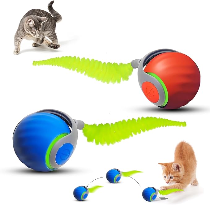 2Pcs Interactive Cat Toy 2.0, Automatic Moving Cat Ball Toy for Indoor Cats, Electric Rolling Pet Ball with Tail, Two Speed Adjustment, Pet Play Toys Balls (Blue+Orange)