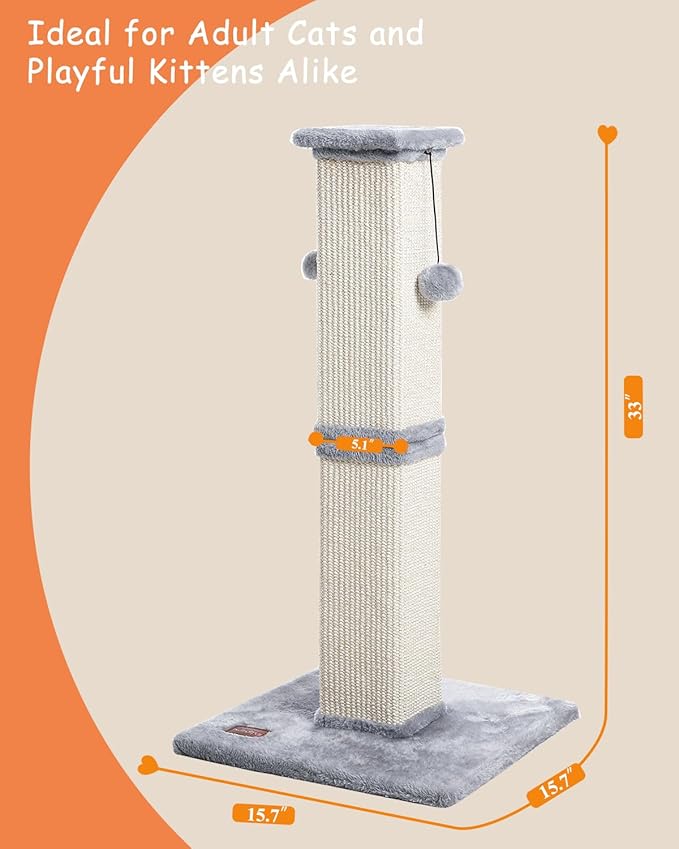 Cat Scratching Post, 33Inch Tall Cat Scratch Post for Indoor Cats Adults and Kitten, Sisal Cat Scratcher with Hanging Balls (Grey)