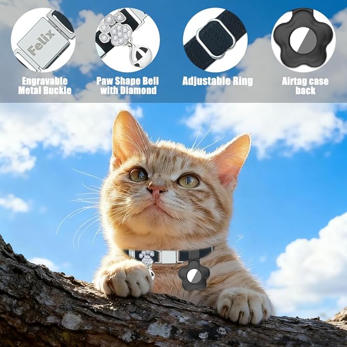 Personalized Safety Elastic Cat Collars with Bell Soft Silicone Cover for Air Tag,Laser Customized Stretch Kitten Collars for Girls Boys Cats (Black)