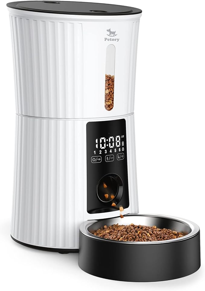 Petory Automatic Cat Feeders - 4L Timed Cat Feeders for Dry Food Built-in Battery up to 6 Meals with Desiccant Bag Support Dual Power 10S Recorder
