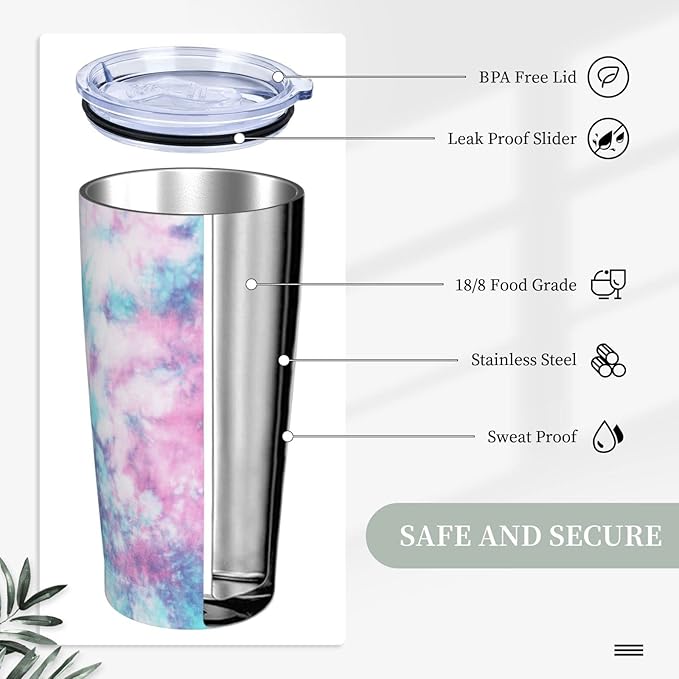 Dujiea 20oz Tumbler With Lid And Straw, Pastel Blue Pink Tie Dye Vacuum Insulated Iced Coffee Mug Reusable Travel Cup Stainless Steel Water Bottle