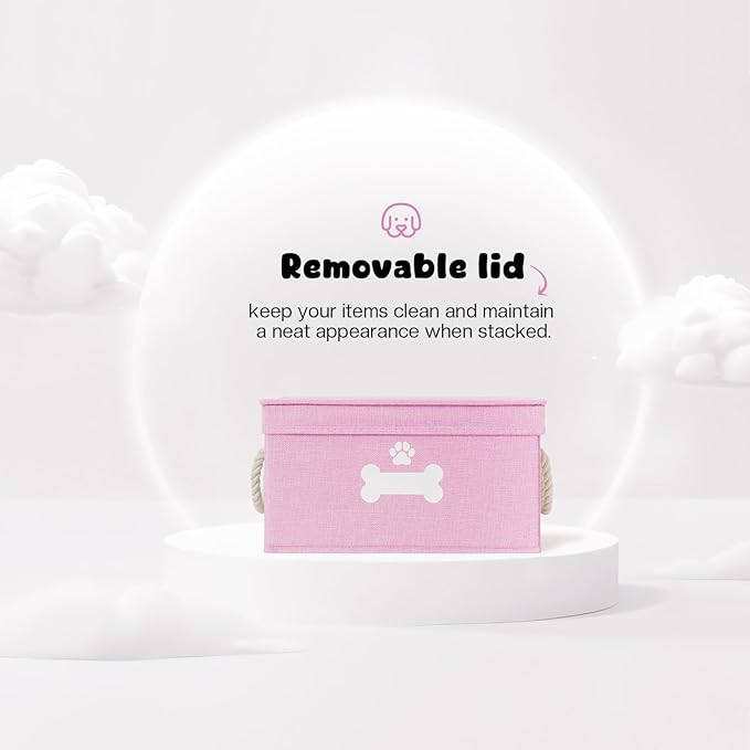Dog Toy Basket with Lid, Dog Basket for Toys, Dog Toy Box with Cotton Rope Handles, Collapsible Storage Bins for Dog Toys, Dog Storage Organizer, Pink