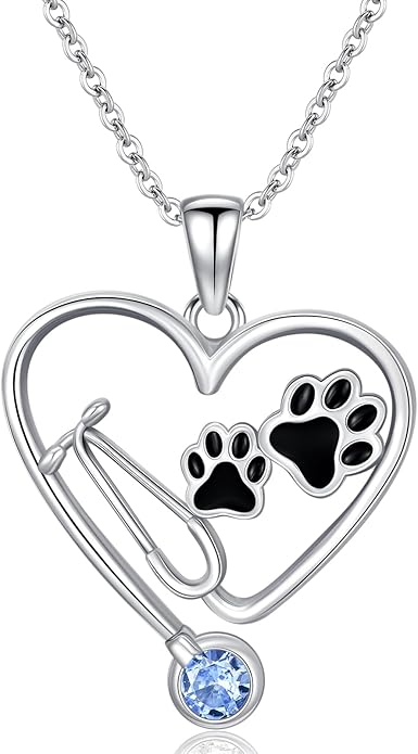 Birthstone Veterinary Stethoscope Necklace 925 Sterling Silver Nurse Vet Pendant with Dog Paw Nurse Jewelry Gifts for Veterinarian Nurse Women Veterinarian Gifts