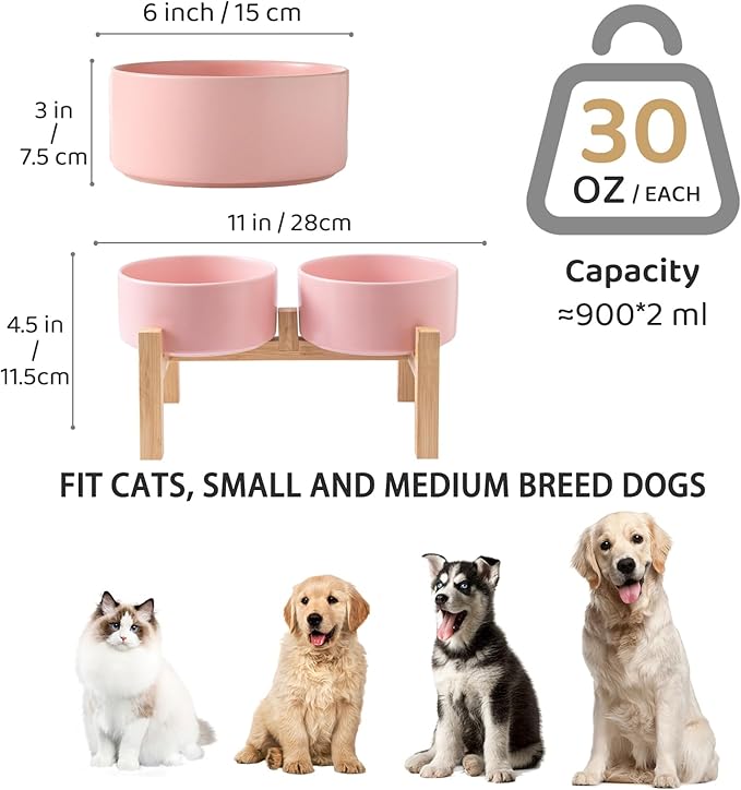 Raised Ceramic Dog Bowl Set - Elevated Dog Bowls with Non Slip Bamboo Stand, Food and Water Bowl Set for Small and Medium Breed Dogs, Pet Bowls, Weighted Dogs Dishes (6'', 2 * 30OZ, Pink)