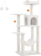 Feandrea Cat Tree, 56.3-Inch Cat Tower for Indoor Cats, Multi-Level Cat Condo with 4 Scratching Posts, 2 Perches, Hammock, Cave, Cream White UPCT161T01
