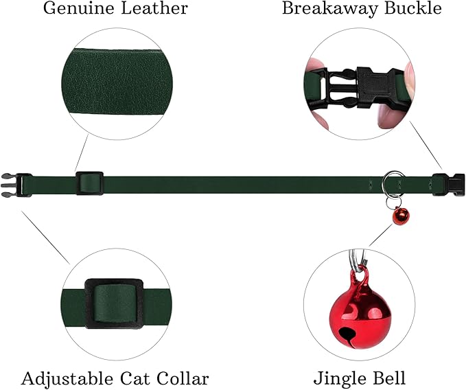 Breakaway Cat Collar Leather with Removable Bell - 13 Colors Available - Soft Adjustable Girl Boy Safety Lightweight Pet Kitten Collars Pink Brown Blue Green Red Orange Black (Emerald)
