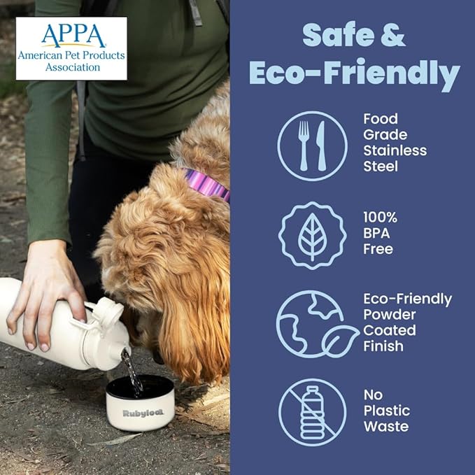 Dog Water Bottle for Dog Lovers - 32 oz Stainless Steel Double Wall Insulated Water Bottle with 8 oz Detachable Bowl on Bottom - Gift for Doggy Lovers for Hiking, Walks, Travel - Cream