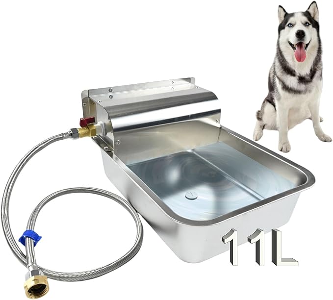 11L Automatic Dog Water Dispenser, 304 Stainless Steel with Water Valve Switcher and 3/4'' Brass Adapter, with Drain Hole for Dog, Cat, Alpaca, Chickens, Livestock