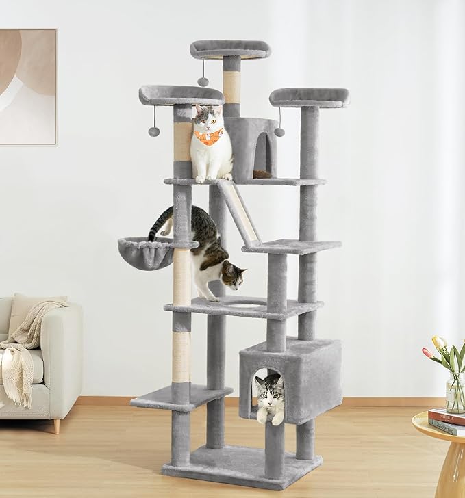 Made4Pets Tall Cat Tree, 80" Cat Tree Tower for Indoor Cats Large Adult, Modern Cat Tower with Scratching Post, Cozy Hammock, 3 Perches and 2 Condos, Sturdy and Fluffy, Light Gray