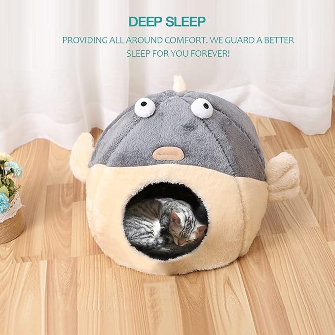 Cat Beds for Indoor Cats - Cat Bed Cave with Removable Washable Cushioned Pillow, Soft Plush Premium Cotton No Deformation Pet Bed, Lively Pufferfish Cat House Design, Grey, Multiple Sizes(L)