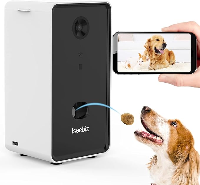 Iseebiz Pet Camera Treat Dispenser, 2 Way Audio Talk Listen, 5G WiFi, 1080P Night Vision Cat Dog Cam, App Control Tossing, Multi Devices Login, Compatible with Alexa, Play with Your Dogs and Cats