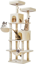 Taoqimiao Cat Tree, 71.7-Inch Cat Tower for Indoor Cats, Plush Multi-Level Cat Condo with 13 Scratching Posts, 2 Perches, 2 Caves, Hammock, 2 Pompoms,Beige MS013LM