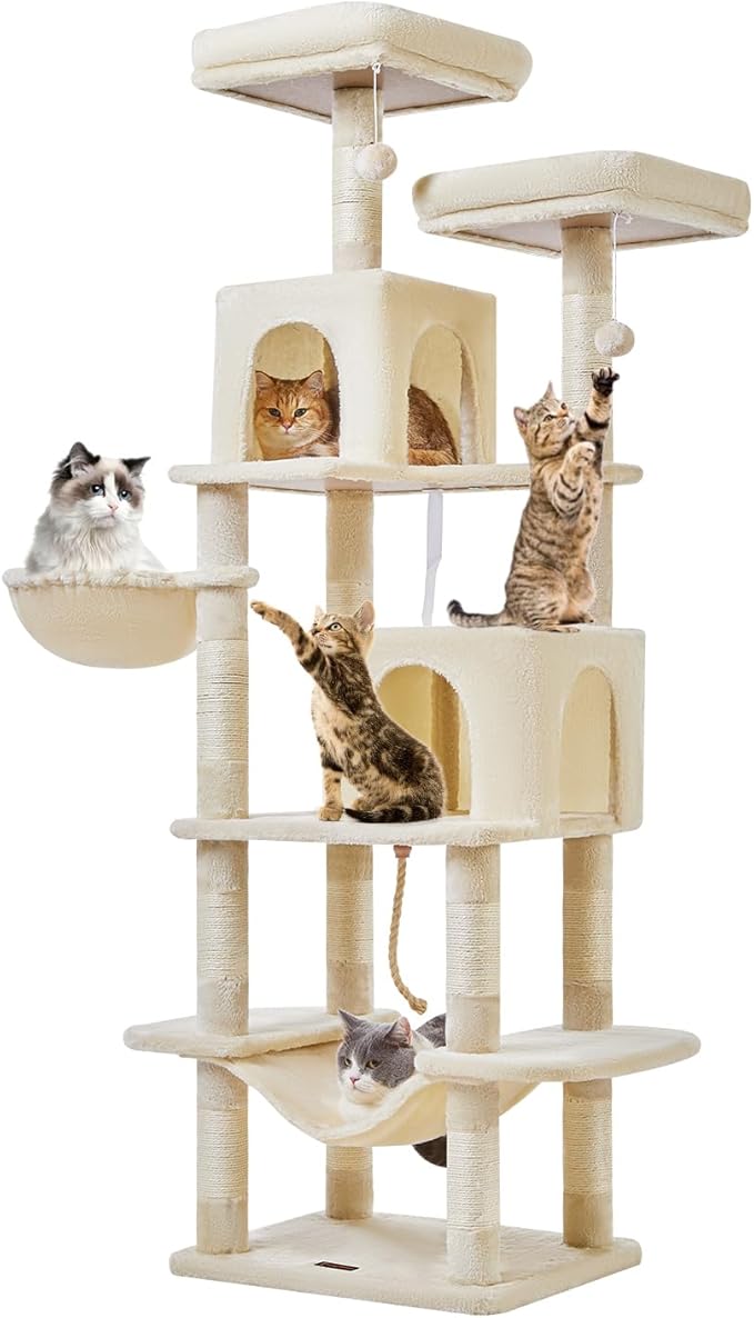 Taoqimiao Cat Tree, 71.7-Inch Cat Tower for Indoor Cats, Plush Multi-Level Cat Condo with 13 Scratching Posts, 2 Perches, 2 Caves, Hammock, 2 Pompoms,Beige MS013LM