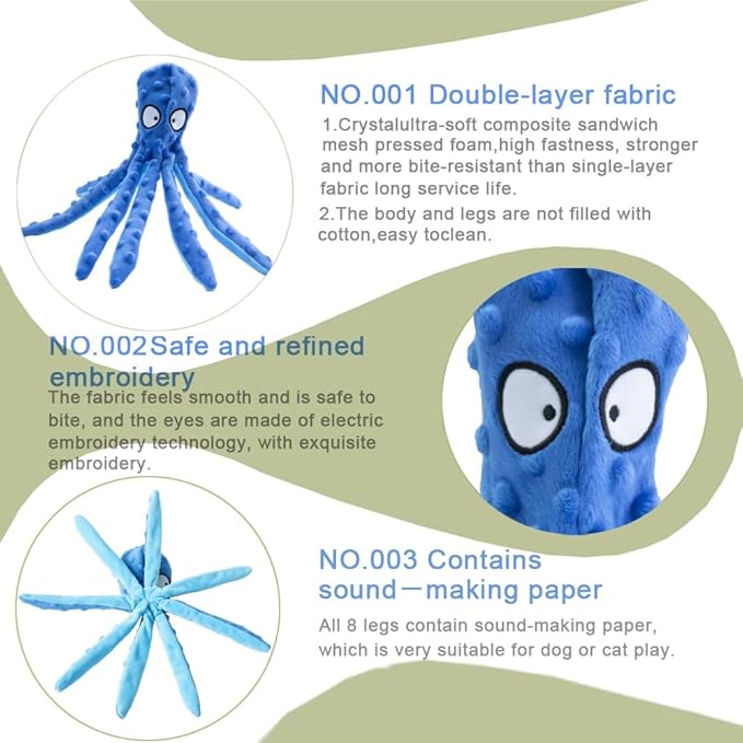 OUANGANC Octopus Dog Squeaky Toy No Stuffing Crinkle Paper in Legs for Small, Medium, and Large Breeds, Durable Puppy Chew Toys for Aggressive Chewers