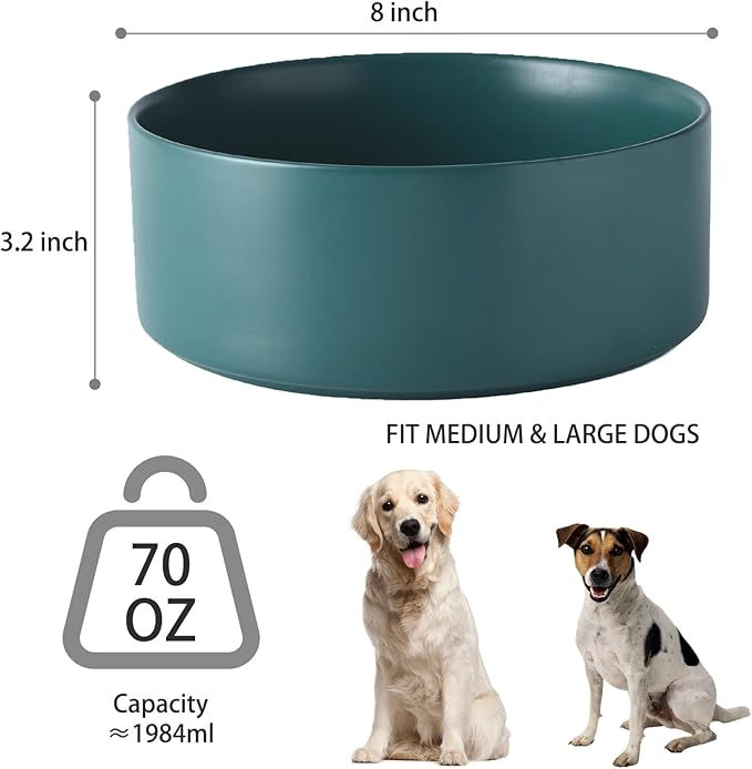 8'' Ceramic Dog Bowl - 70Oz Classic Dogs Food & Water Bowl for Medium and Large Breeds, Heavy-Duty Non-Slip Dog Dish, Food Grade Stoneware Pet Bowl, Dishwasher & Microwave Safe, Green