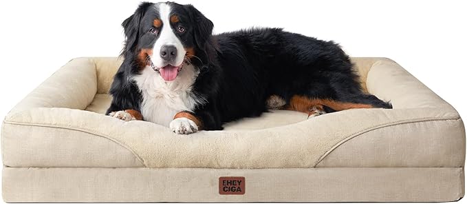 EHEYCIGA Memory Foam XXL Dog Bed for XLarge Sized, Extra Large Orthopedic Dog Sofa with Sides and Waterproof Liner, Washable Bolster Pet Couch with Removable Cover, 52x41x8 Inch, Beige