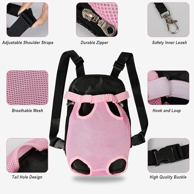 FEimaX Dog Carrier Backpack Pet Legs Out Front Cat Travel Bag, Adjustable Puppy Backpacks Carriers Hands-Free for Small Medium Dogs Cats Hiking Traveling Camping Daily Walking (Large, Pink)