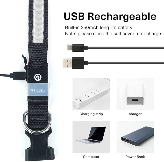 Pceotllar Rechargeable Led Dog Collar - Automatic 7-Color Changes, Water Resistant for Night Walking, Bright Glow (Black, S)