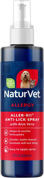 NaturVet Aller-911 Anti-Lick Paw Spray for Dogs & Cats – Includes Aloe Vera – Helps Sooth Itchy Paws, Offers Dog & Cat Allergy Support – Helps Discourage Pet Licking – 8 Oz. Spray
