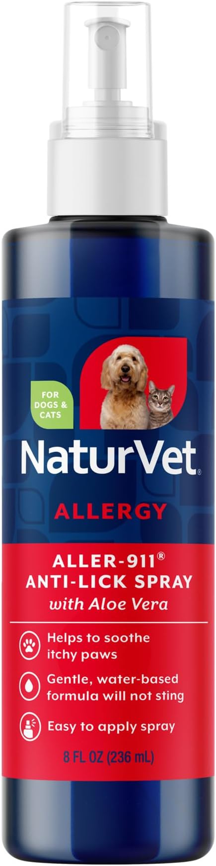 NaturVet Aller-911 Anti-Lick Paw Spray for Dogs & Cats – Includes Aloe Vera – Helps Sooth Itchy Paws, Offers Dog & Cat Allergy Support – Helps Discourage Pet Licking – 8 Oz. Spray