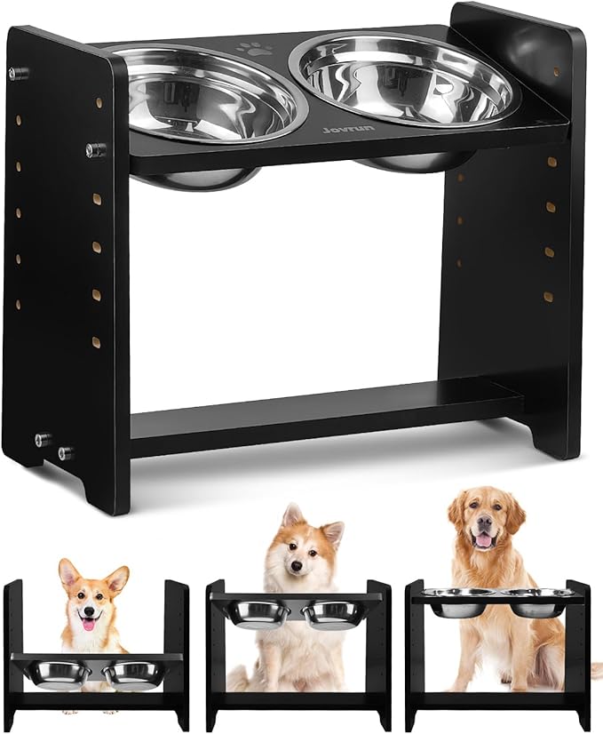 Elevated Dog Bowls, Adjustable Raised Dog Bowl Stand for Medium Size Dogs and Cats, Durable Bamboo Dogs Feeder with 2 Stainless Steel Bowls and Non-Slip Feet, Pet Food Bowl for Medium Sizes