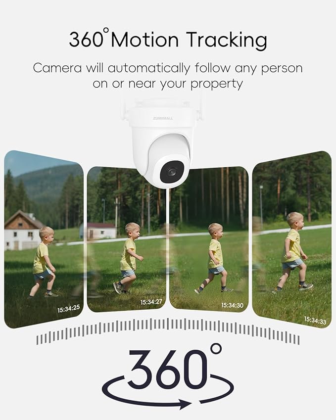 ZUMIMALL 3MP Outdoor Camera Wired 2.4G/5G WiFi - 2-Pack, 24/7 Recording, AI Motion Detection, Cloud & SD Card Storage, 2-Way Audio, PTZ Camera Auto Tracking, Compatible with Alexa Google