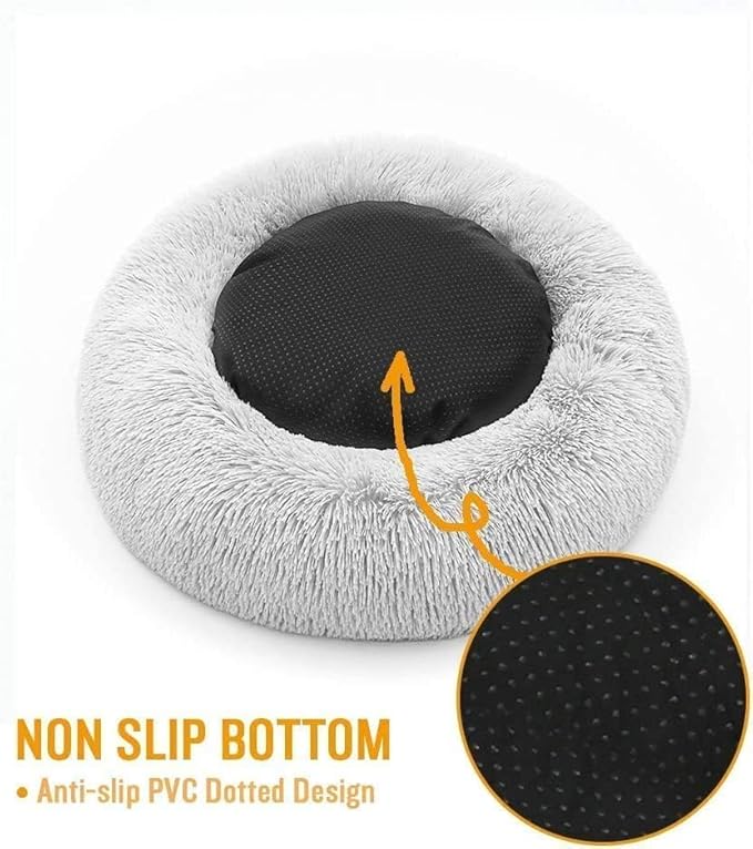 Cat Beds for Indoor Cats - Cat Bed Washable 24 inches, Dog Beds for Small Medium Dogs, Anti Anxiety Round Fluffy Plush Faux Fur Cat Bed, Thick Bottom (Light Grey, Large)