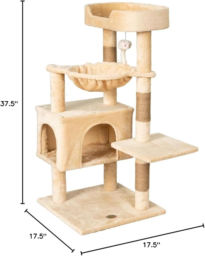 Go Pet Club Everyday Value 37in Cat Tree Tower Cat Condo Comfy Large Perch, Scratching Posts, Dangling Mouse and Hammock, Cat Play Tower for Cats and Kittens, Beige