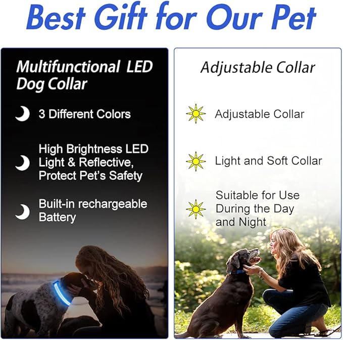 YFbrite Ultra Light Adjustable LED Dog Collar, Light up Dog Collars Rechargeable Glowing in The Dark Collars Visiblity & Safety for Small, Medium, Large Dogs (Blue, Small)