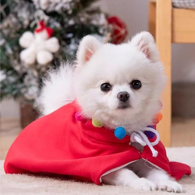 ANIAC Pet Dog Christmas Costume Puppy Xmas Cloak with Star and Pompoms Cat Santa Cape with Santa Hat Red Doggy Outfit Winter Cat Clothes for Kitten and Small to Medium Sized Dog (Small, Red)