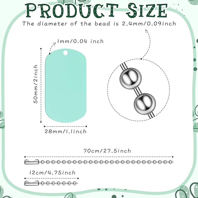 Yinkin 200 Pcs Personalized Military Dog Tags Set Including 100 Pcs Aluminum Blank Dog Tags for Engraving 100 Ball Steel Chain Rectangle Metal Blank Stamping Label for DIY Craft(Pastel)