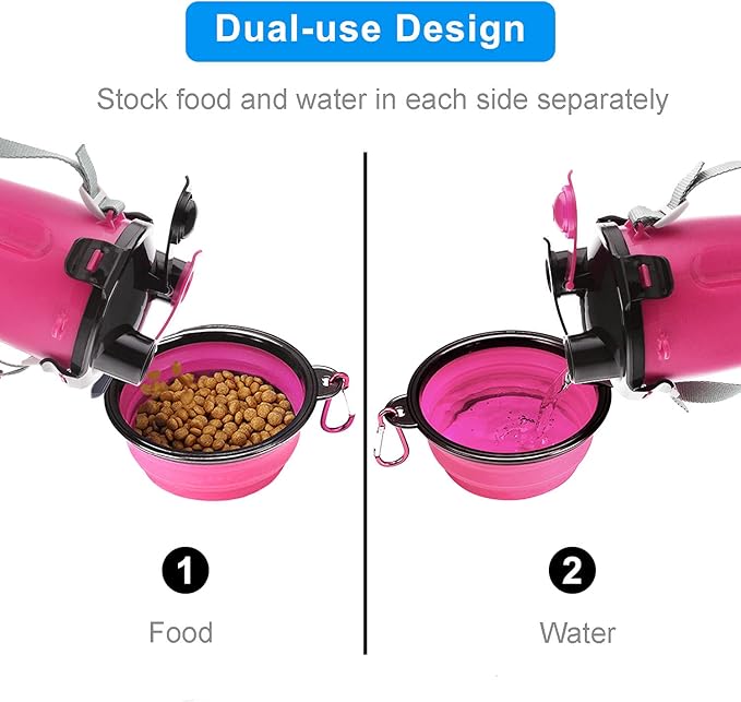 Guardians Dog Travel Water Bottle Collapsible Bowls, 2 in 1 Pet Food Container with Collapse Bowls, Outdoor Portable Water Bowls for Walking, Traveling, Camping and Hiking (Pink)