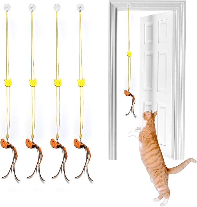 4 Bird Cat Wand Toy Refill for Indoor Cats, Interactive Birds Simulation Set,Door Hanging Feather Cat Toys String Wand Replacement Attachments