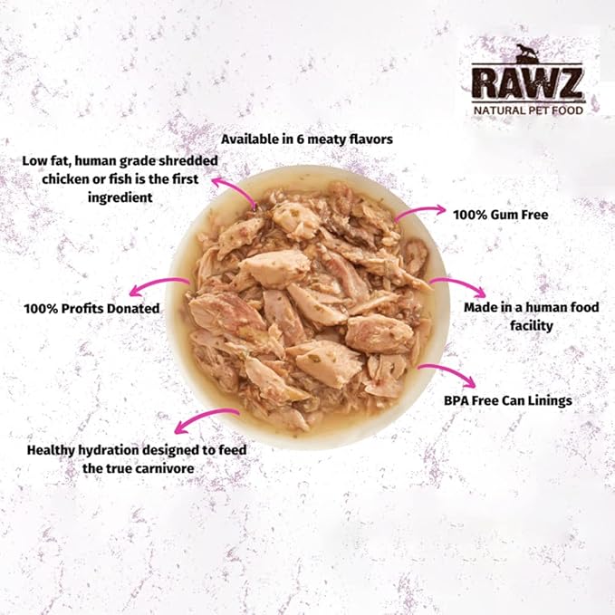 Rawz Natural Premium Shredded Canned Cat Wet Food - Grain Free Made with Real Meat Ingredients No BPA or Gums - 3oz Cans 18 Count (Chicken & Duck)
