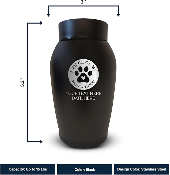 Personalized Custom Small Keepsake Urn Engraved with Pet Name, Date and Cat Design - 5.2" Black Powder Coated Steel Cremation Urn for Cat Ashes | 12-16 lb Capacity, Typography + Cat Paw