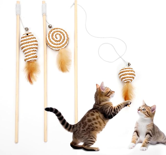 15.8inch 3Pack Interactive Cat Wand Toy for Indoor Cats Teases for Bored Indoor Adult Cats to Chase and Exercise Solid Wood Bell Ball