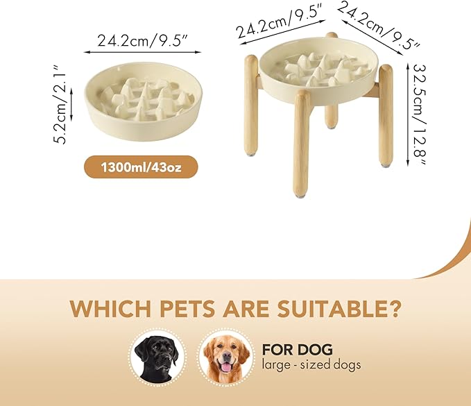 9.5inch Ceramic Dog Raised Slow Feeder Set, Elevated Bowl with Wooden Stand for Large Dog, Slow Feeder Dish for Fast Easters, Anti-Gulping(Beige, Single Bowl+ Stand)