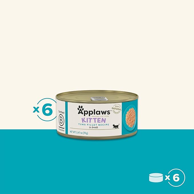 Applaws Natural Wet Kitten Food, Limited Ingredient, Grain-Free, Protein with No Artificial Additives, Tuna Fillet in Broth (6 x 2.47oz Cans)
